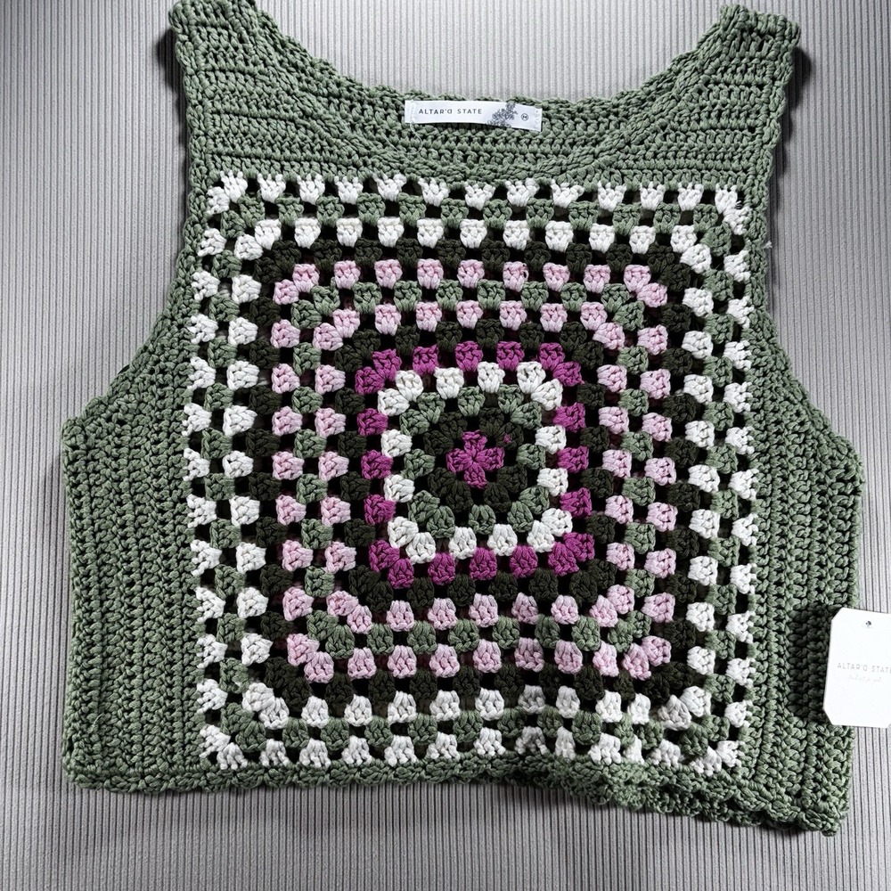 NWT Altar'd State Open Knit Boho Crochet Colorful Tank Top Sz Medium Hippie 60's